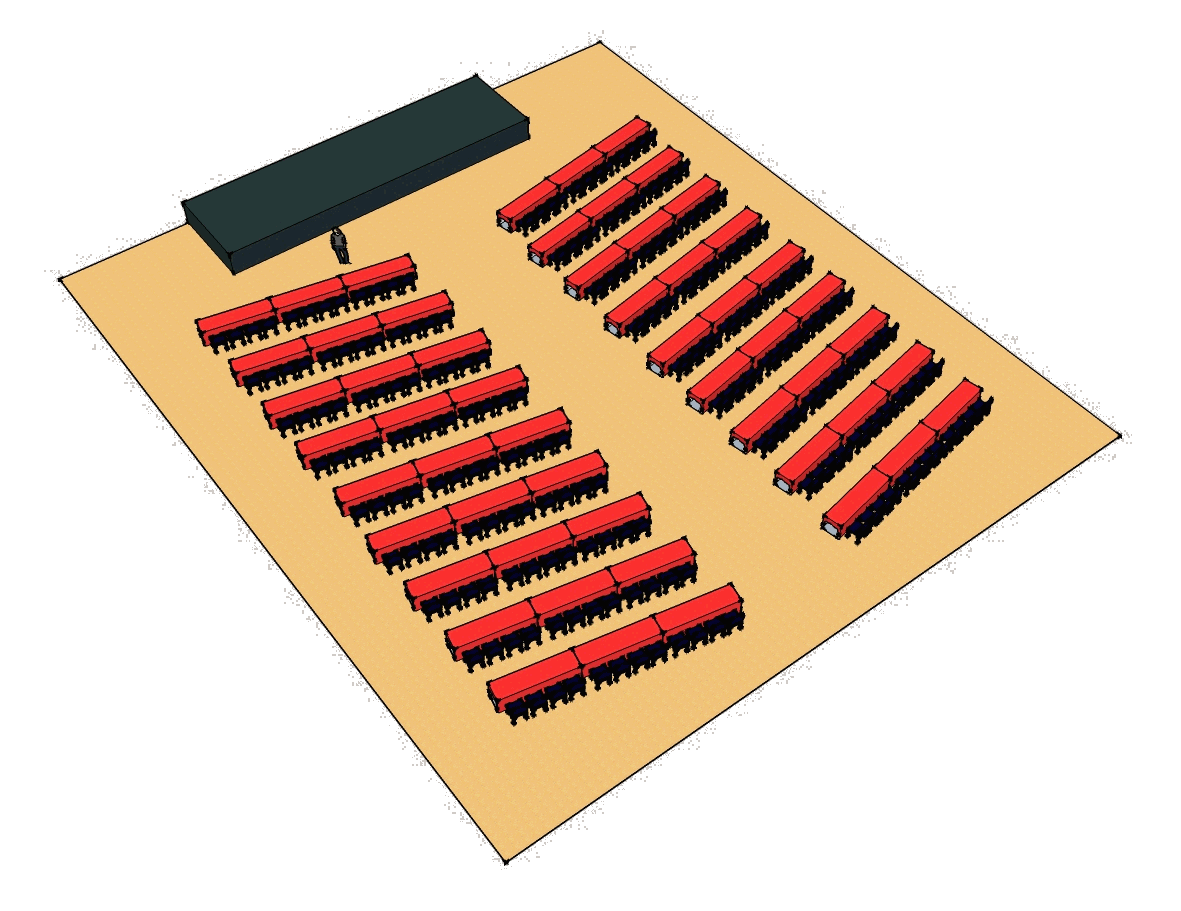 Ejemplo de arreglo de 200 personas en mesas de seminario.